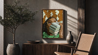 Black Woman with Cash poster framed above a fluted sideboard beside a potted tree