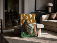 Black Woman with Cash print on the floor, leaning against a travertine table