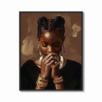 Framed Black Woman with Clasped Hands print shown as a bold statement piece on a clean gallery wall