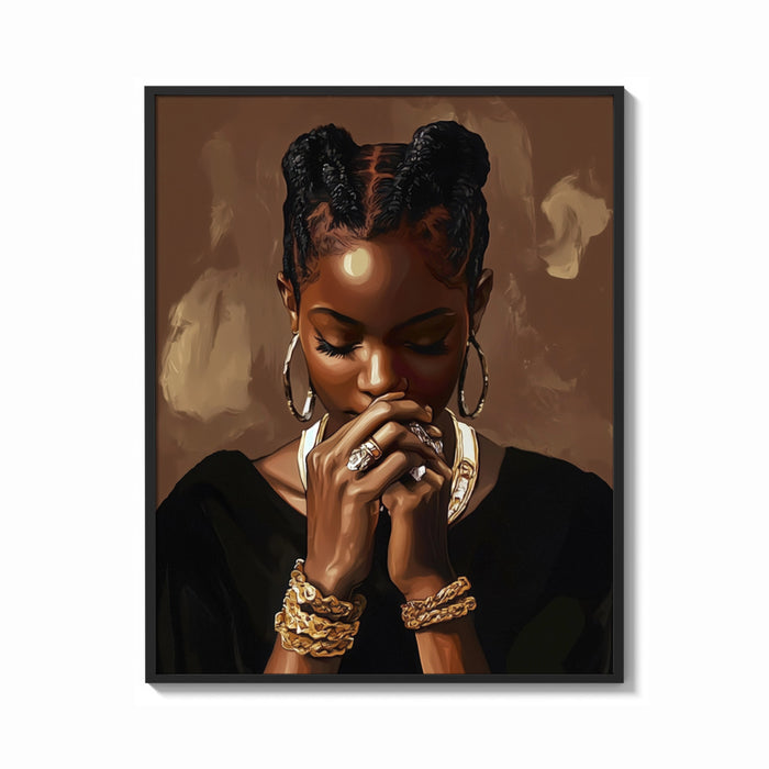 Framed Black Woman with Clasped Hands print shown as a bold statement piece on a clean gallery wall
