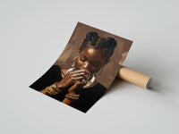 Gently curled Black Woman with Clasped Hands print beside its protective shipping tube