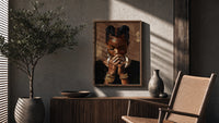 Black Woman with Clasped Hands poster framed above a fluted sideboard beside a potted tree