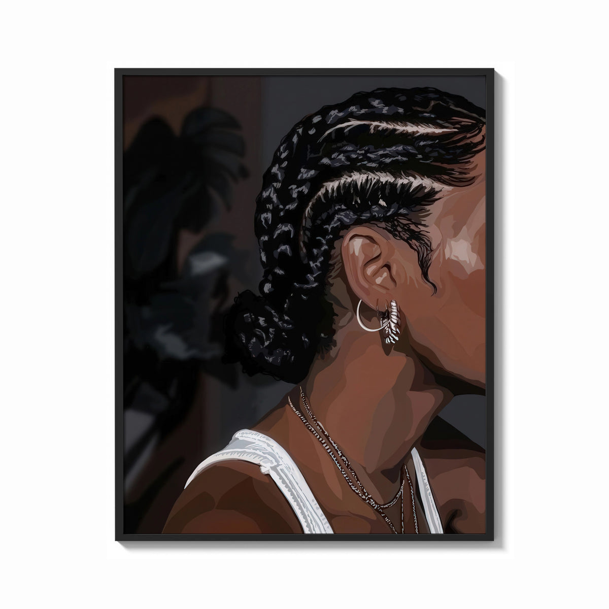 Framed Black Woman with Cornrow Braids print shown as a bold statement piece on a clean gallery wall