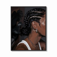 Framed Black Woman with Cornrow Braids print shown as a bold statement piece on a clean gallery wall