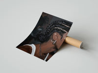 Gently curled Black Woman with Cornrow Braids print beside its protective shipping tube