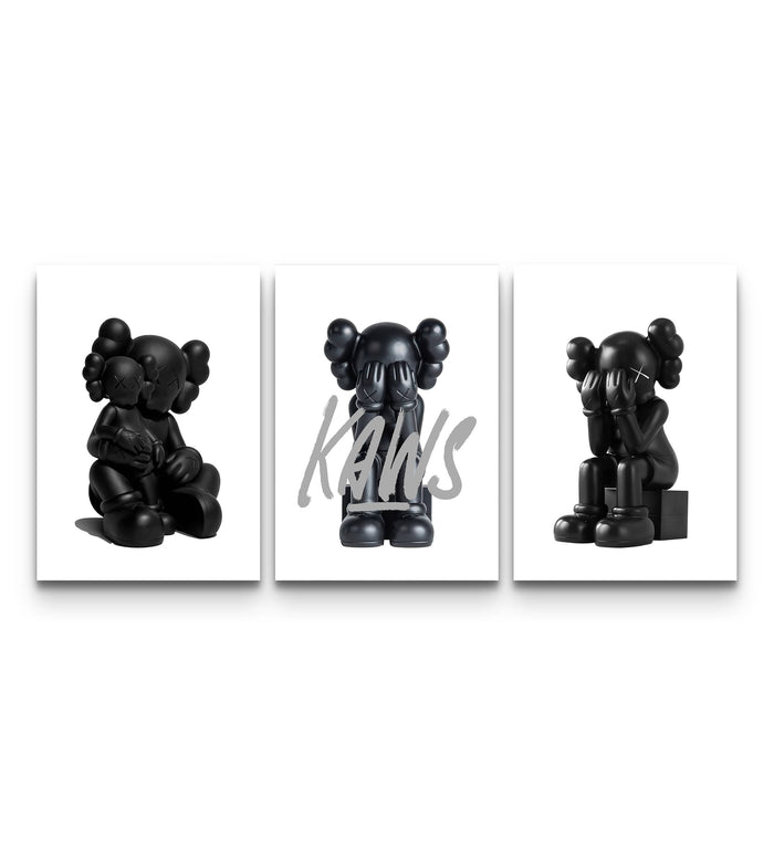 Three-panel Blackout XX KAWS set with all-black matte figures and bold XX eyes on white