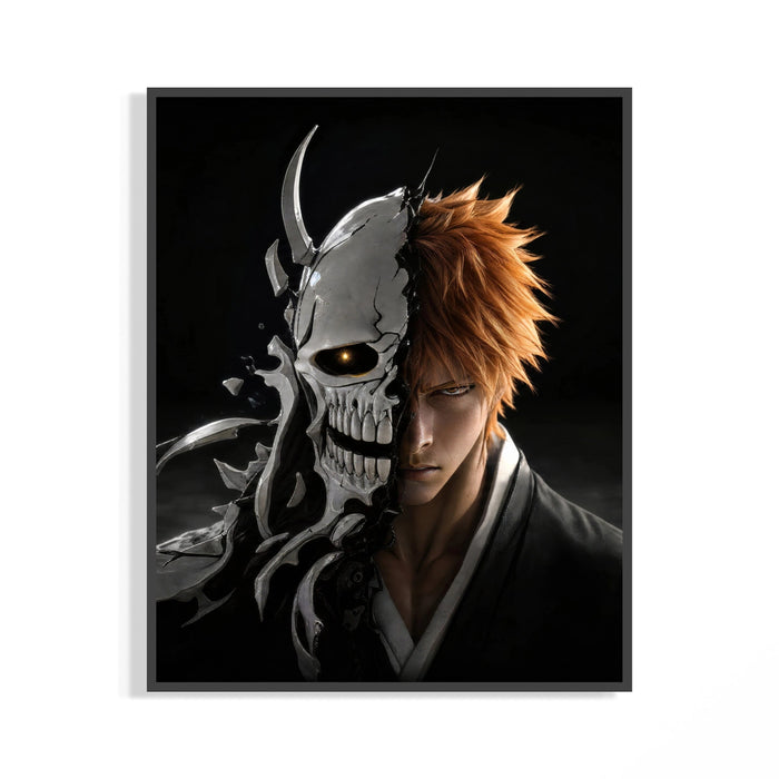 Framed Orange-haired man with cracked skull mask print displayed as a statement piece