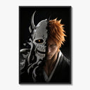 Orange-haired man with cracked skull mask poster framed on a white gallery wall