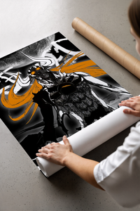 horned masked warrior with orange hair print laid flat in a styling flatlay