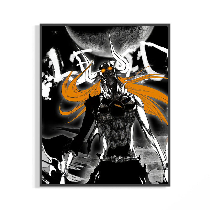 Framed horned masked warrior with orange hair print displayed as a statement piece