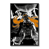 horned masked warrior with orange hair poster framed on a white gallery wall