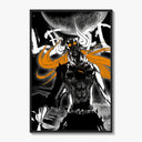 horned masked warrior with orange hair poster framed on a white gallery wall