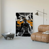 horned masked warrior with orange hair poster framed in a luxury living-room setting