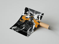 horned masked warrior with orange hair poster styled above furniture in a modern room