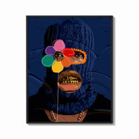 Framed Blue Ski Mask with a Flower print shown as a bold statement piece on a clean gallery wall