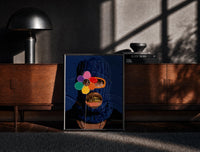 Black-framed Blue Ski Mask with a Flower print on the floor in front of a dark wooden console