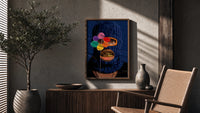 Blue Ski Mask with a Flower poster framed above a fluted sideboard beside a potted tree