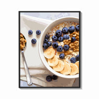 Framed Blueberry Banana Oatmeal Bowl print shown as a bold statement piece on a clean gallery wall