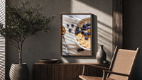 Blueberry Banana Oatmeal Bowl poster framed above a fluted sideboard beside a potted tree