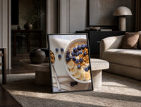 Blueberry Banana Oatmeal Bowl print on the floor, leaning against a travertine table