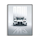 Framed BMW M3 GT Race print shown as a statement piece on a gallery wall