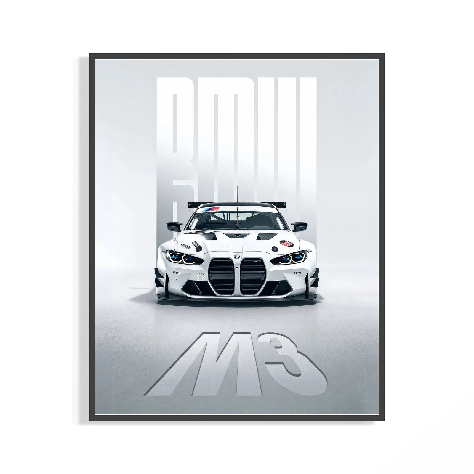Framed BMW M3 GT Race print shown as a statement piece on a gallery wall