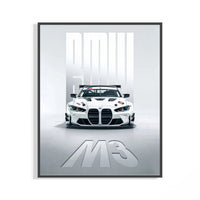 Framed BMW M3 GT Race print shown as a statement piece on a gallery wall