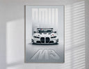 BMW M3 GT Race poster framed in white on a clean gallery wall