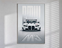 BMW M3 GT Race poster framed in white on a clean gallery wall