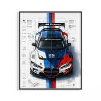 Framed BMW M4 GT3 M Power print shown as a statement piece on a gallery wall