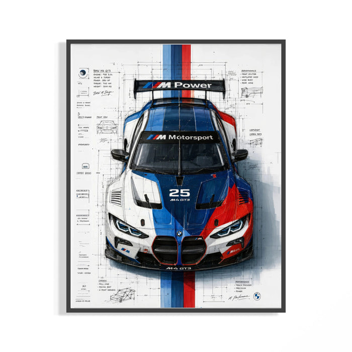 Framed BMW M4 GT3 M Power print shown as a statement piece on a gallery wall