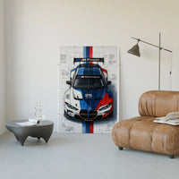 BMW M4 GT3 M Power poster framed above a tan leather living-room couch