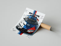 BMW M4 GT3 M Power poster print laid beside its crush-resistant shipping tube