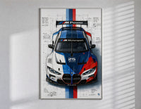 BMW M4 GT3 M Power poster framed in white on a clean gallery wall