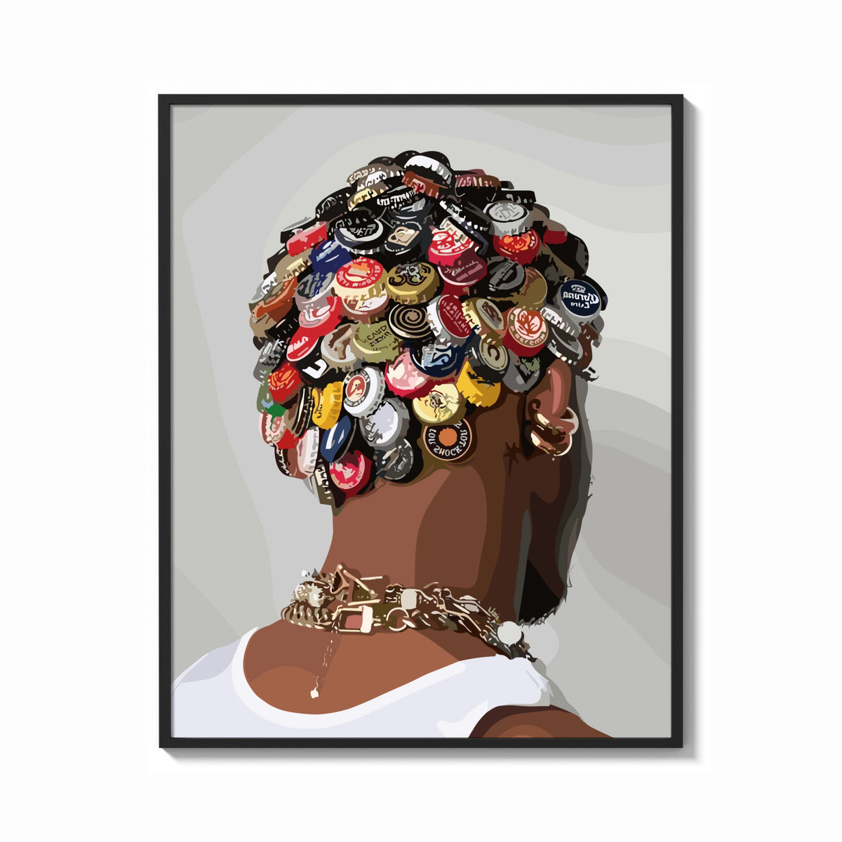 Framed Bottle Cap Headpiece and Chunky Necklaces print shown as a bold statement piece on a clean gallery wall