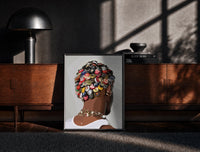 Black-framed Bottle Cap Headpiece and Chunky Necklaces print on the floor in front of a dark wooden console