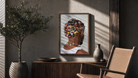 Bottle Cap Headpiece and Chunky Necklaces poster framed above a fluted sideboard beside a potted tree