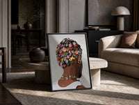 Bottle Cap Headpiece and Chunky Necklaces print on the floor, leaning against a travertine table