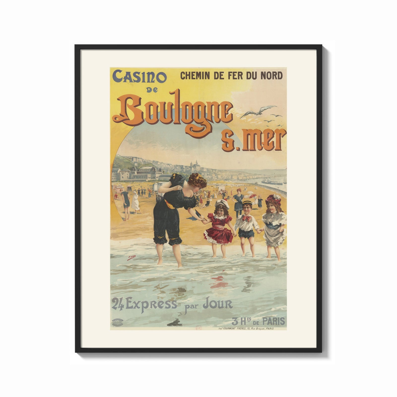 Framed woman and children wading at beach print shown as a bold statement piece on a clean gallery wall