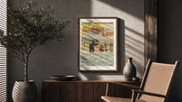 Woman and children wading at beach poster framed above a fluted sideboard beside an olive tree