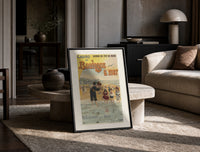 Woman and children wading at beach print in a black frame leaning on a travertine table in a sunlit lounge
