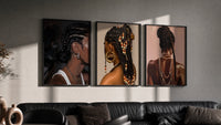 Braids and Hoop Earrings Set of 3 in black frames on a grey wall above a leather sofa
