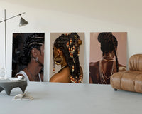 Braids and Hoop Earrings Set of 3 displayed beside a brown leather sofa