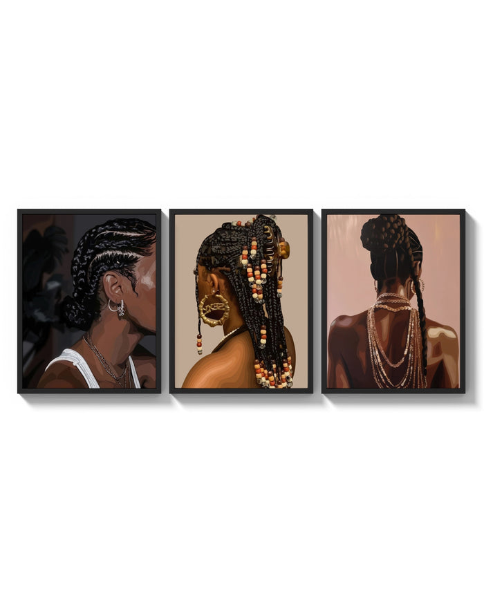 Braids and Hoop Earrings Set of 3 arranged on a bright gallery wall