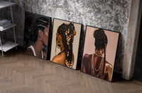 Braids and Hoop Earrings Set of 3 as black-framed prints leaning against a raw-plaster wall