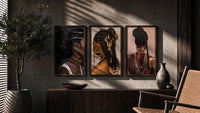 Braids and Hoop Earrings Set of 3 in walnut frames above a sideboard in a warm room