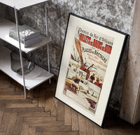 Breton fishing boat and coastal scenes poster in a black frame leaning beside a shelf in a raw-plaster loft