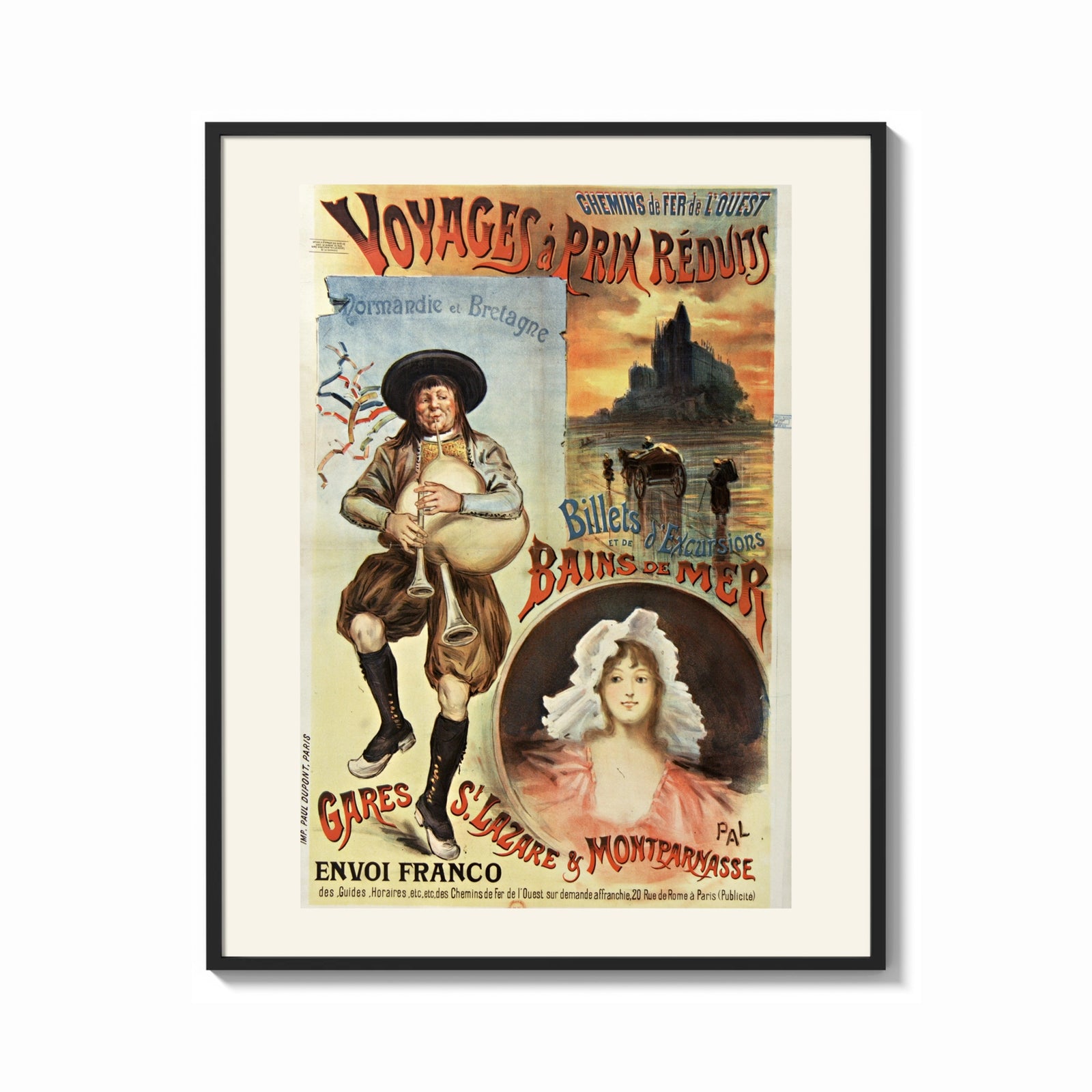 Framed Breton bagpiper and young woman print shown as a bold statement piece on a clean gallery wall