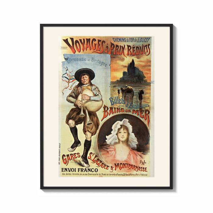 Framed Breton bagpiper and young woman print shown as a bold statement piece on a clean gallery wall