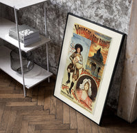 Breton bagpiper and young woman poster in a black frame leaning beside a shelf in a raw-plaster loft